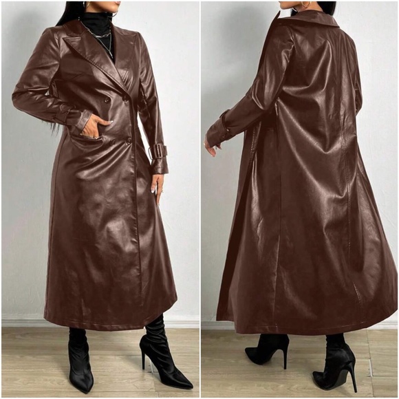 Luxe Vegan Leather Button up Trench Coat - Picture 3 of 6